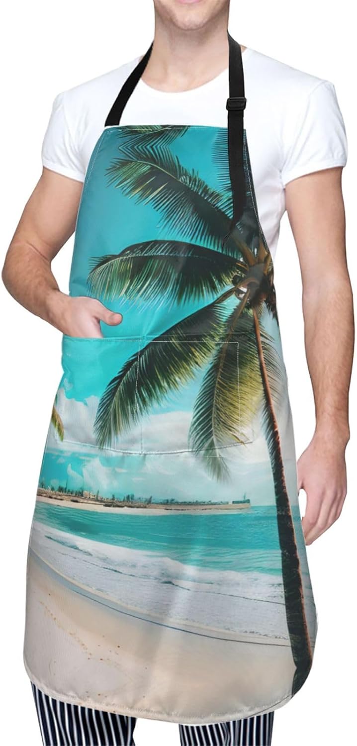 Beach Palm Trees print Waterproof chef's apron with pocket apron for kitchen cooking baking barbecue and gardening