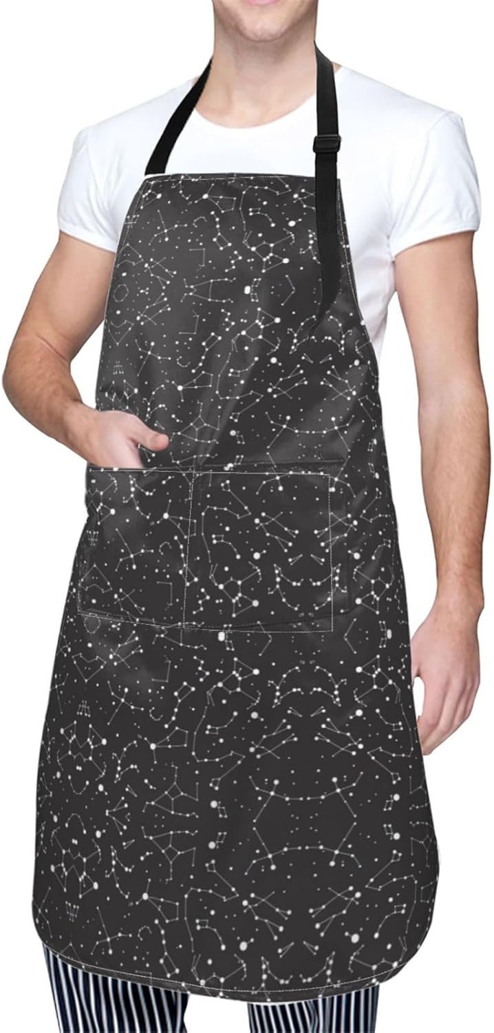 Starry divination constellation Print 28x33 In Adult Kitchen Apron with Pockets Versatile Chef Smock for Cooking Baking