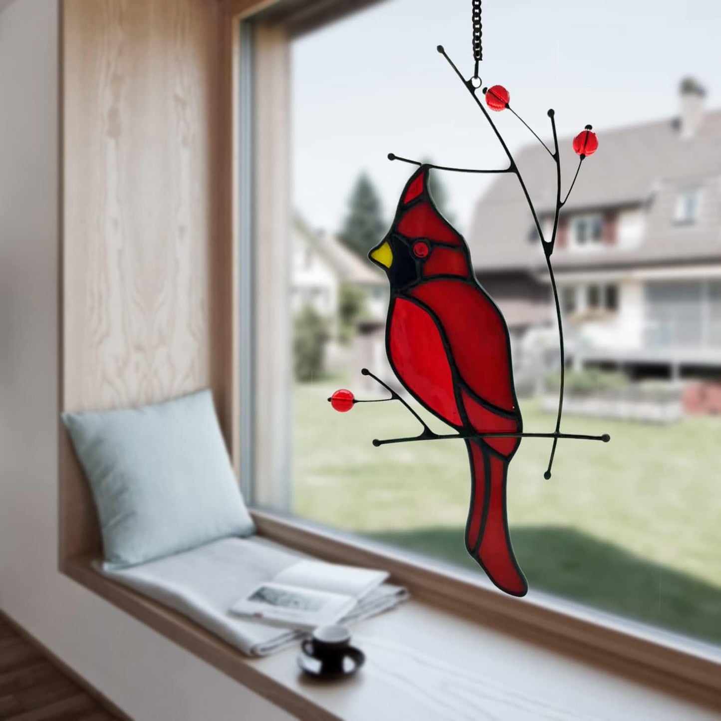 Stained Glass Cardinal Bird Window Hanging Sun Catcher Home Decoration