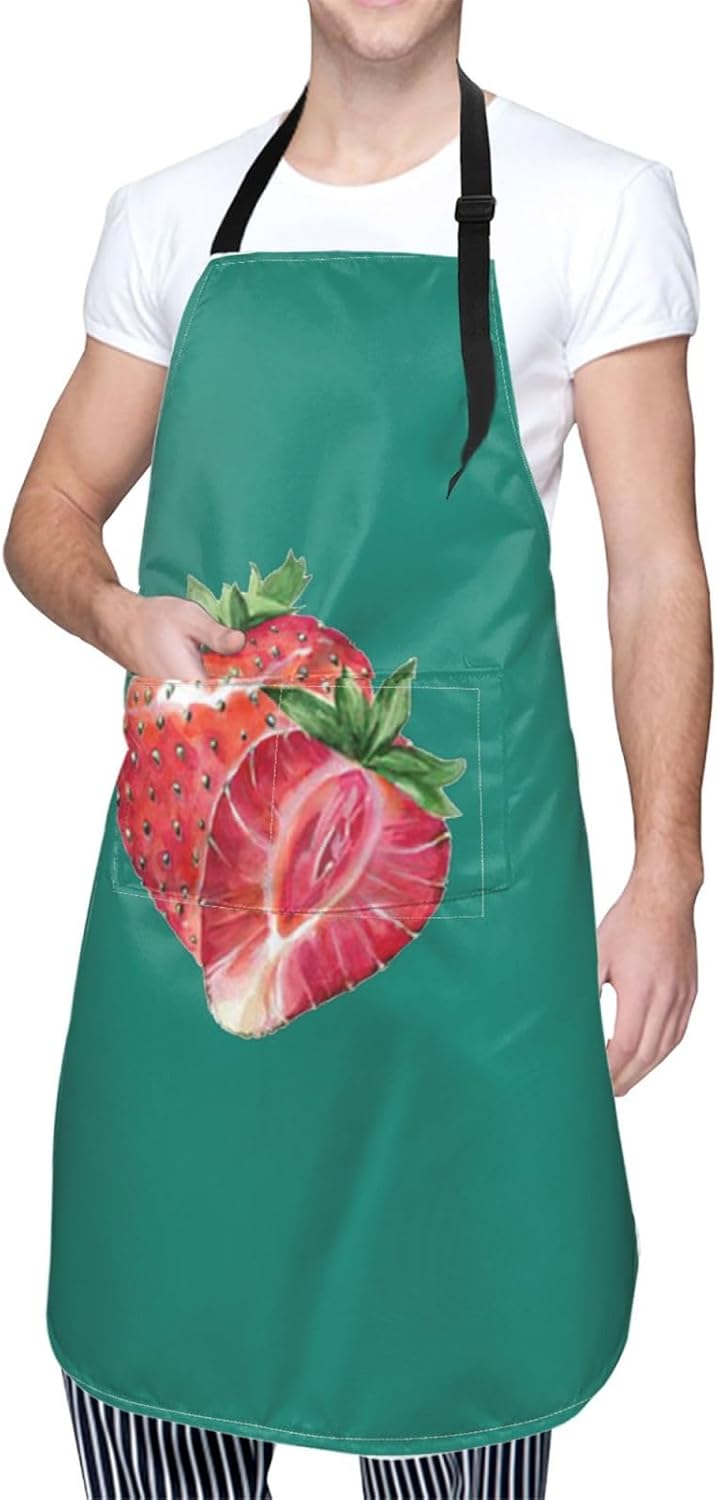Strawberry print Waterproof apron with pocket adjustable cooking apron for adult kitchen bibs to bake