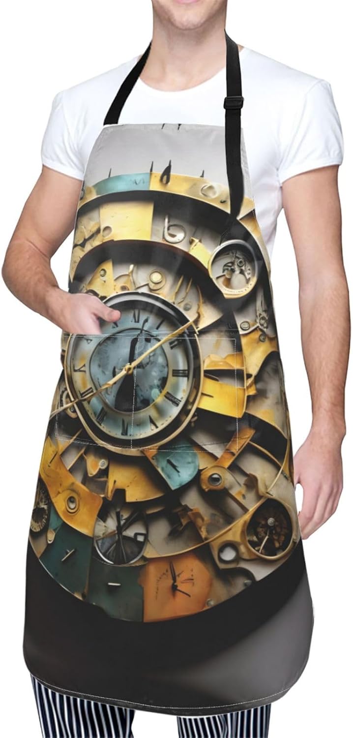 Clock Art Print Laundry apron 28x33 In Waterproof Kitchen Apron with Pockets for Cooking Baking