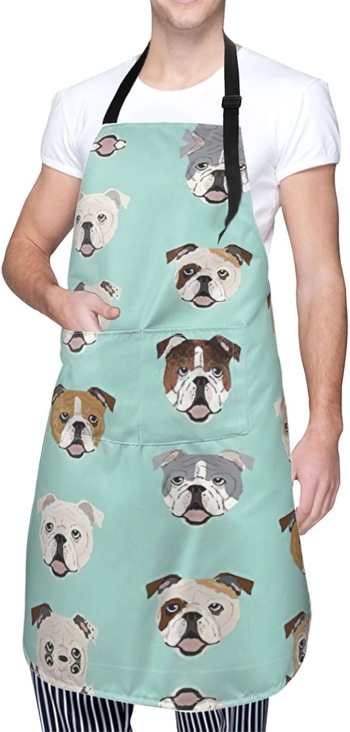 English Bulldog Faces Print Laundry apron 28x33 In Waterproof Kitchen Apron with Pockets for Cooking Baking
