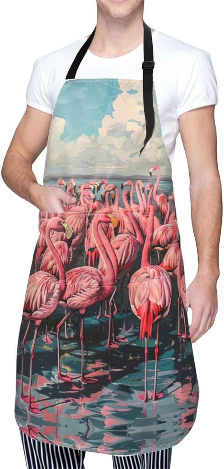 Flamingo print Waterproof chef's apron with pocket apron for kitchen cooking baking barbecue and gardening