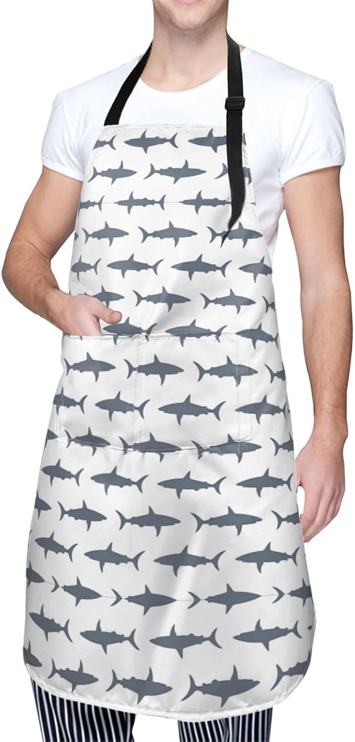 fish and shark print Waterproof apron with pocket adjustable cooking apron for adult kitchen bibs to bake