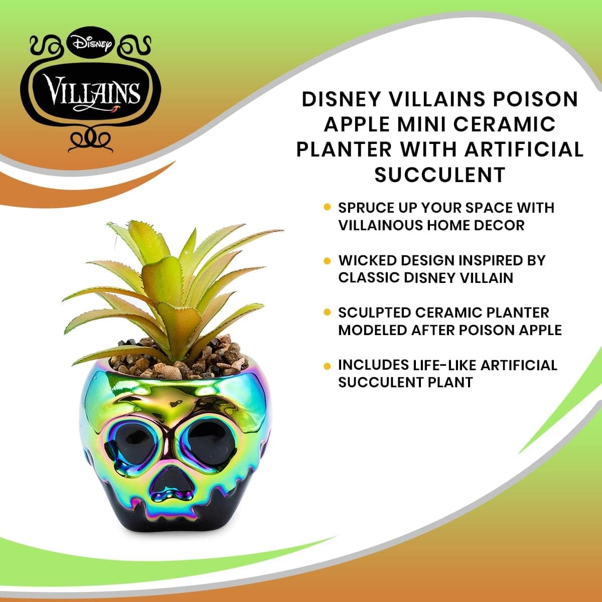 Disney Villains Evil Queen Poison Apple Ceramic Planter with Artificial Succulent | Small Flower Pot, Faux Indoor Plants For Desk Shelf, Home Decor Trinket Tray | Snow White and the Seven Dwarfs Gifts