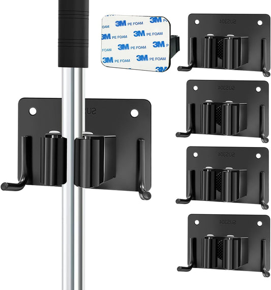 Mop and Broom Holder Wall Mount Stainless Steel 304 Tool Garage Organization Rack Screw and Self Adhesive Broom Hanger Heavy Duty 4pcs (Double Hooks Big Size,4pcs Black), TBJ001