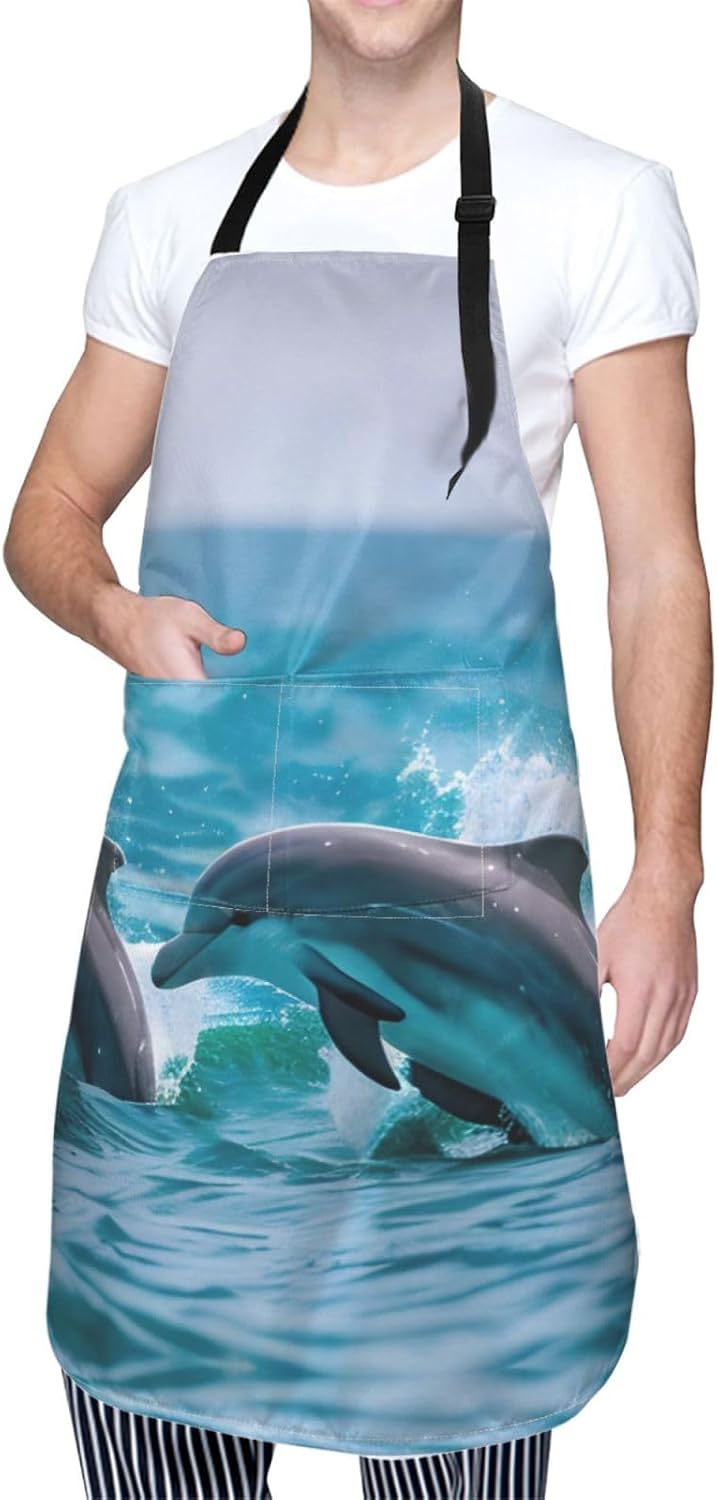 Dolphins in the sea print Waterproof chef's apron with pocket apron for kitchen cooking baking barbecue and gardening