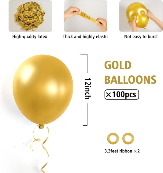 100pcs Metallic Gold Balloons 12 inch, Chrome Gold Balloons with Gold Ribbon for Birthday Graduation Engagement Wedding Party Decorations