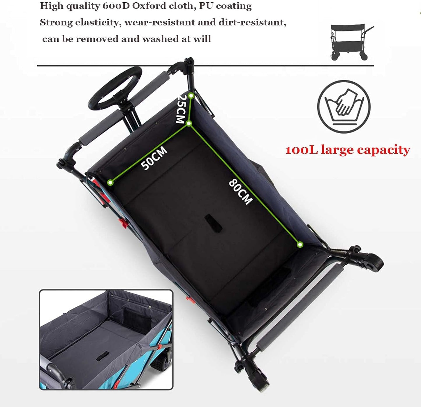 Multifunctional All Terrain Wagon Foldable Outdoor Garden Carts 100l Super Large Capacity Sports Wagon Suitable for Camping and Shopping Sky Blue