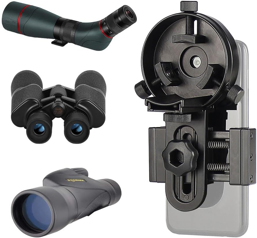 SOLOMARK Cellphone Mount for Vortex Bushnell Celestron Barska Spotting Scope Big Eyepiece Work with Binoculars Monocular Spotting Scope Telescope for Almost Smartphone