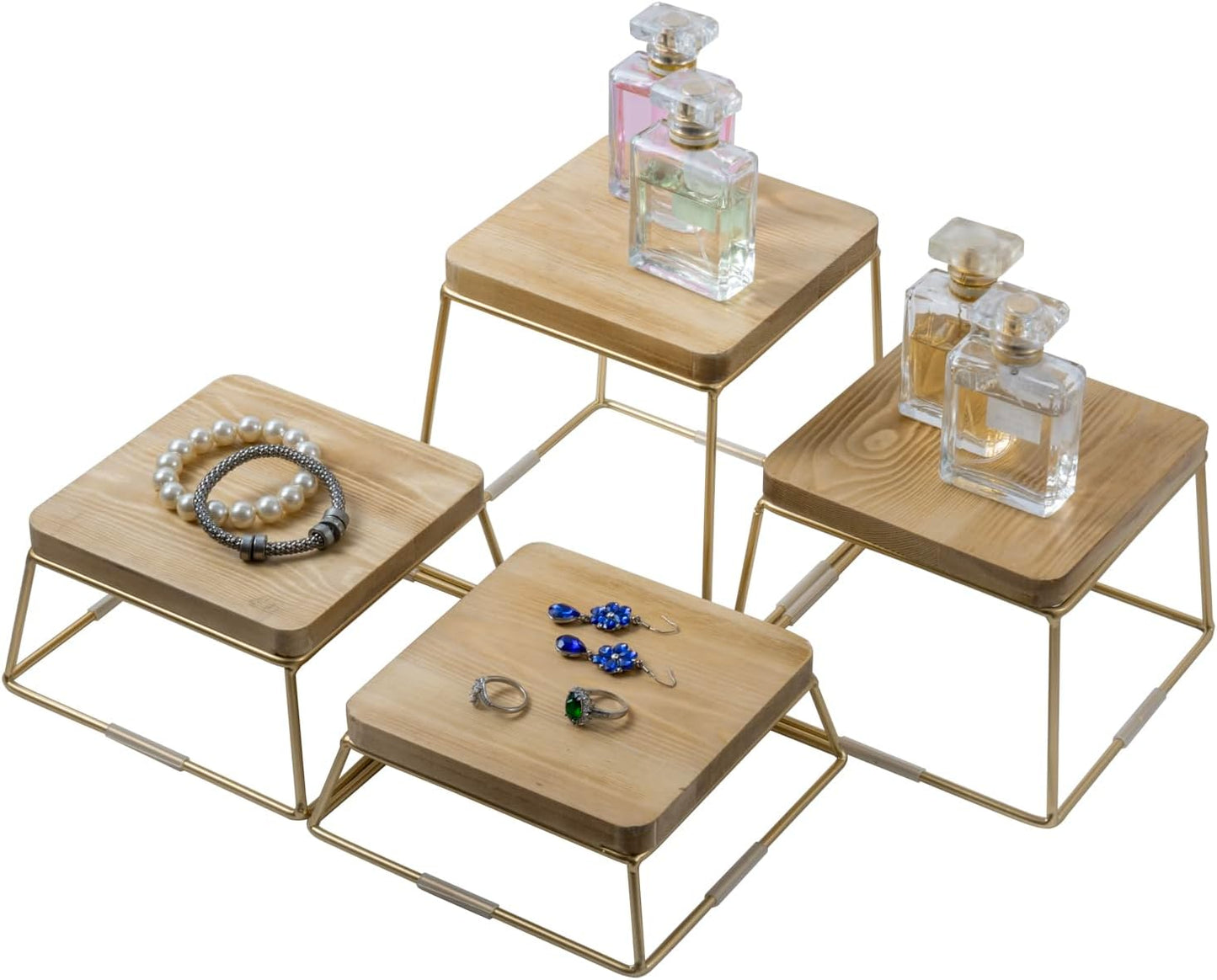 MyGift Gold Food Risers for Display Party, 4-Piece Wood Square Buffet Dessert Stands, Tiered Wooden Riser Set for Pizza, Cupcakes, Ornaments, Perfume or Retail Display