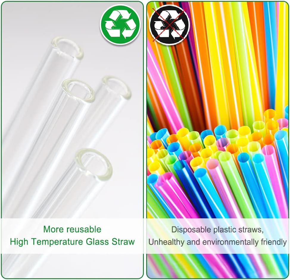 16 Pack Reusable Glass Straws,Set of 6 Straight and 6 Bent with 4 Cleaning Brush,Perfect for Smoothies,Tea, Juice, Milkshakes(8.5''x10 MM)