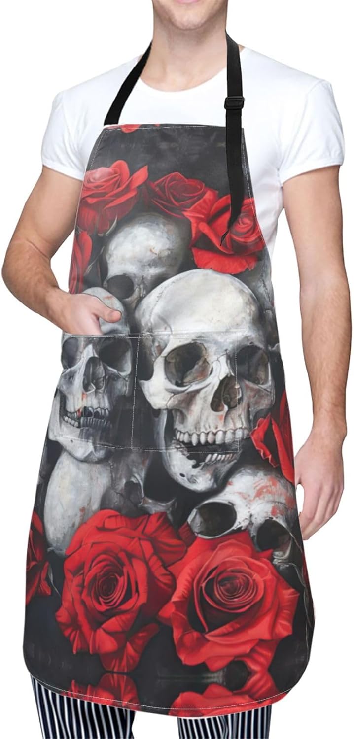 Skull and Red Rose print Waterproof chef's apron with pocket apron for