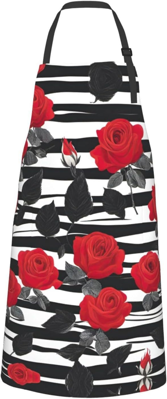 Black White Stripes Red Rose Flowers print Waterproof chef's apron with pocket apron for kitchen cooking baking barbecue and gardening
