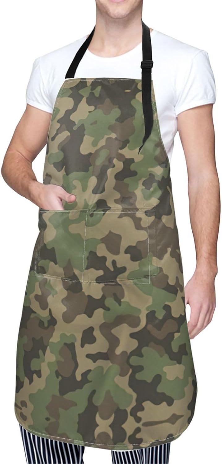 Green camo print Waterproof apron with pocket adjustable cooking apron for adult kitchen bibs to bake