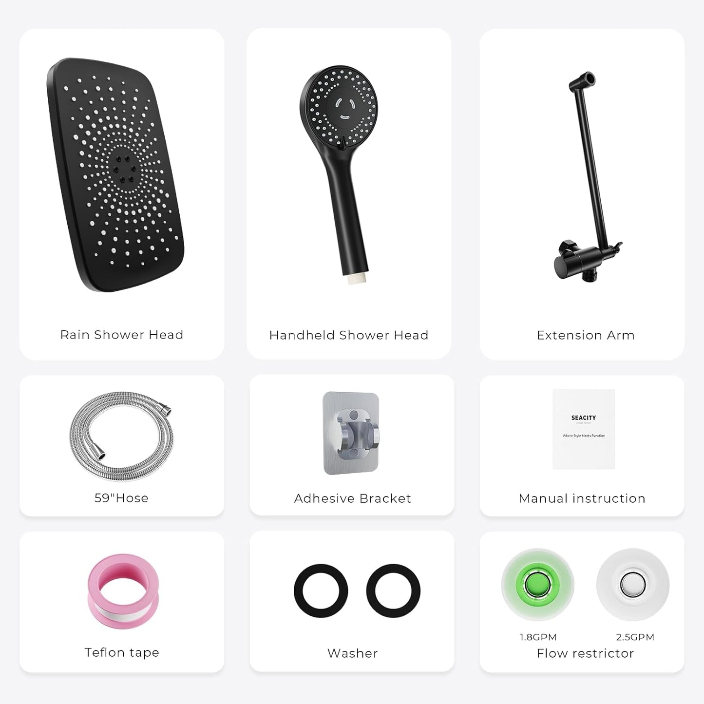 Wide Rain Shower Head With 5 Modes Handheld Showerheads, High Pressure Showerhead Combo with Extension Arm for Bathroom Accessories, Adjustable Shower Head with Anti-Clog Nozzles (Black)