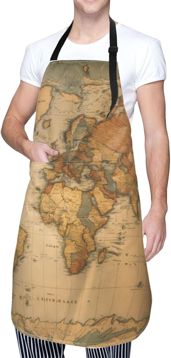 World Map print Waterproof chef's apron with pocket apron for kitchen cooking baking barbecue and gardening