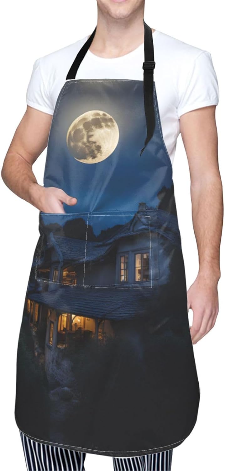 Full Moon in Night print Waterproof chef's apron with pocket apron for kitchen cooking baking barbecue and gardening