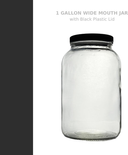 North Mountain Supply 1 Gallon Glass Jar Wide Mouth with Black Plastic Lid - USDA, BPA-Free, Made in the USA - for Fermenting, Storing, Canning, and Much More!