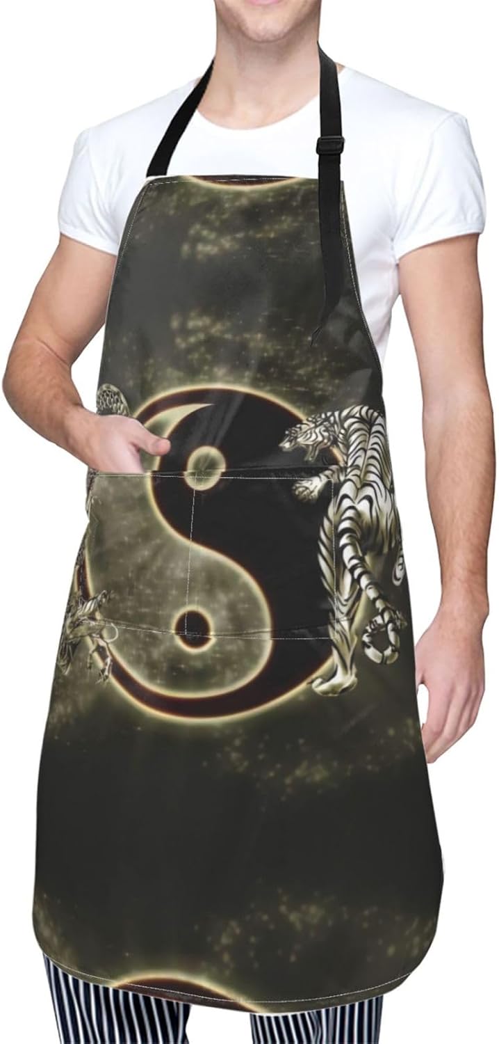 yin yang Dragon Tiger Print 28x33 In Adult Kitchen Apron with Pockets Versatile Chef Smock for Cooking Baking
