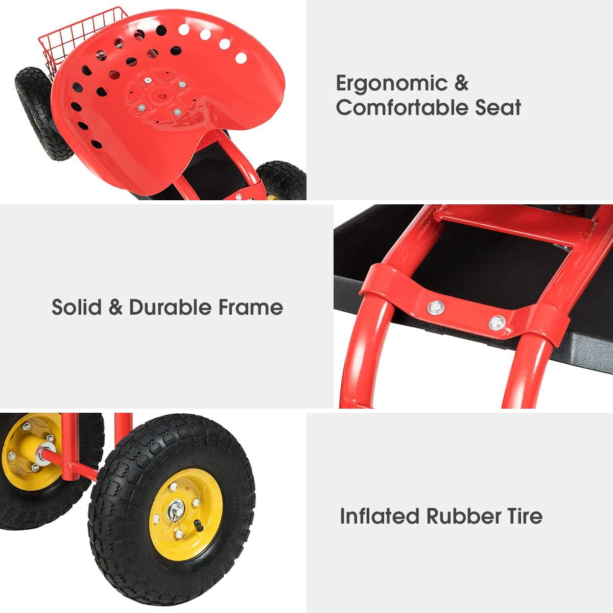 Squareful 4 Wheels Garden Cart, Patio Rolling Workseat w/Tool Tray, & Storage Basket, Outdoor Wagon Scooter for Planting, Rubber Tires & Adjustable Height for Lawn, Garden, Patio, Backyard (Red)