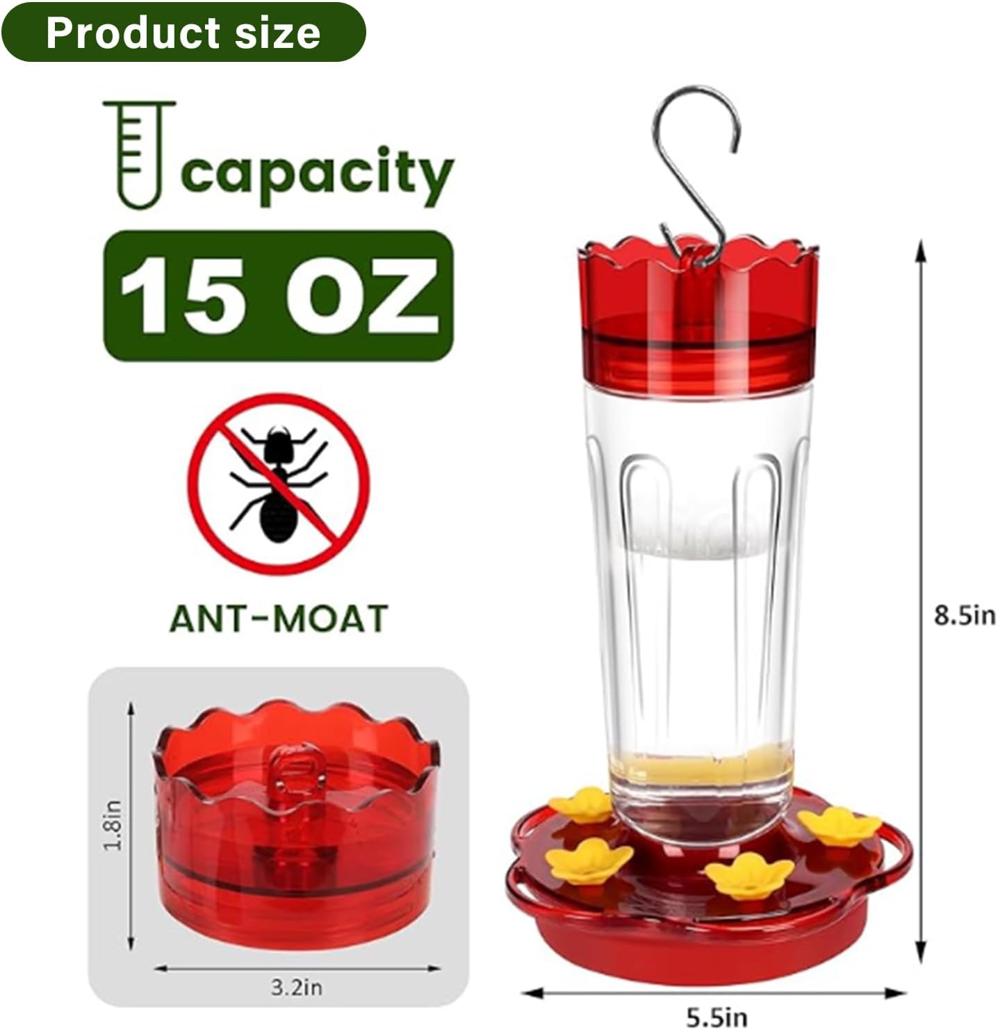 Hummingbird Feeders 15Oz Capacity with 5 Feeding Ports and Perches for Garden Decoration