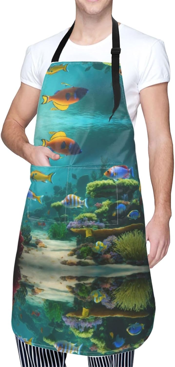 Cute Blue Fish Print Laundry apron 28x33 In Waterproof Kitchen Apron with Pockets for Cooking Baking