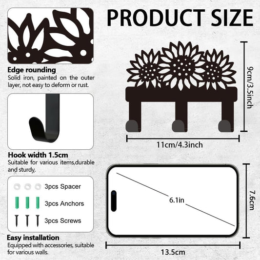Sunflower Key Holder for Wall, Flower Mini Black Iron Key Hooks Wall M
