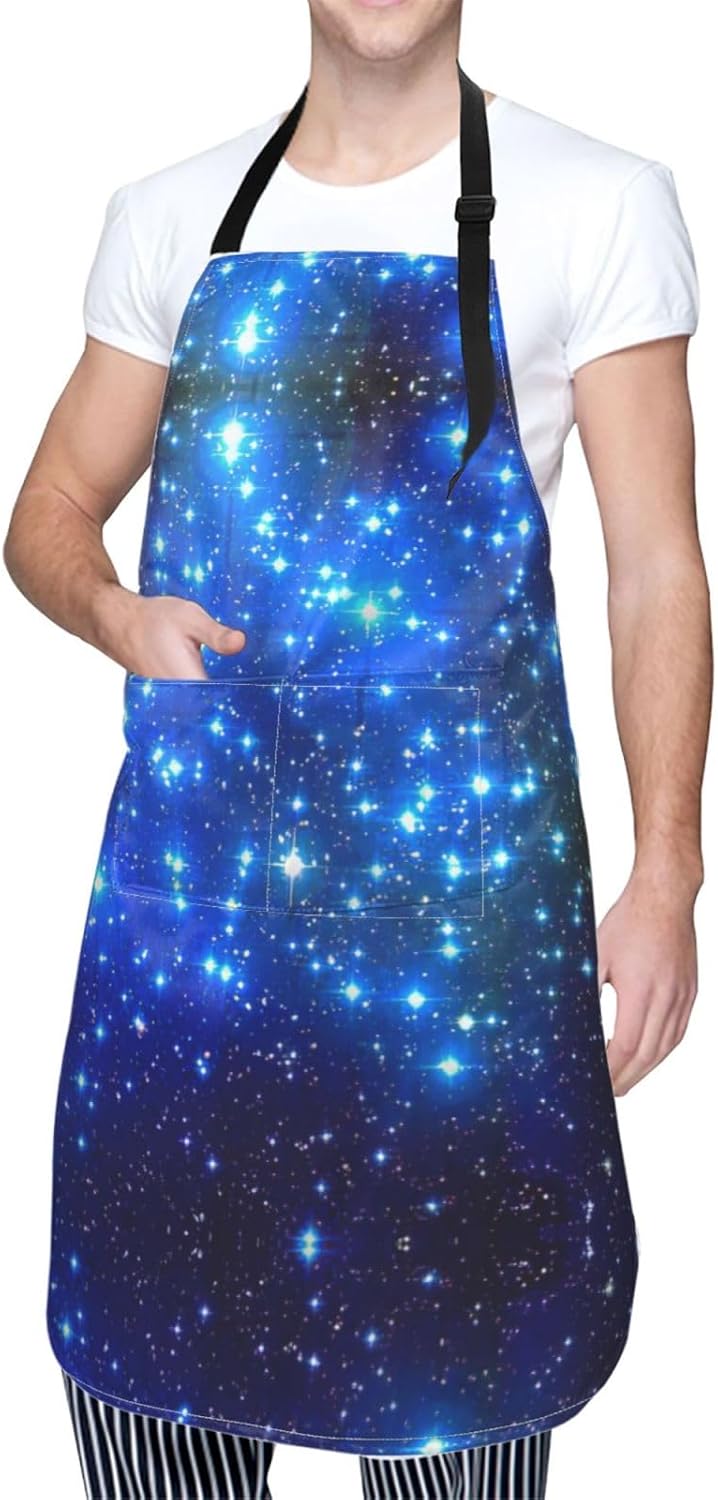 Blue Shining Stars Print 28x33 In Adult Kitchen Apron with Pockets Versatile Chef Smock for Cooking Baking