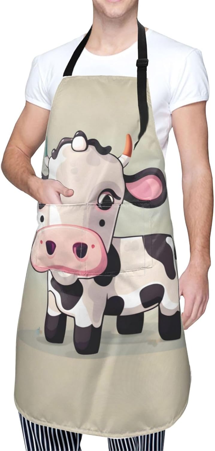 Cute White Cow Print Laundry apron 28x33 In Waterproof Kitchen Apron with Pockets for Cooking Baking