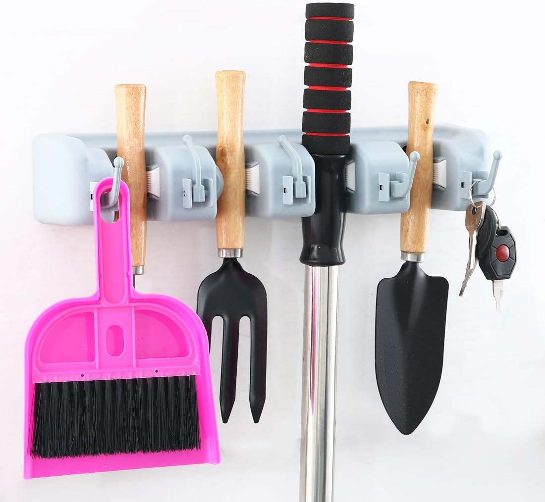Plastic Adjustable Roller Clamping Broom Mop Holder with Foldable Hook