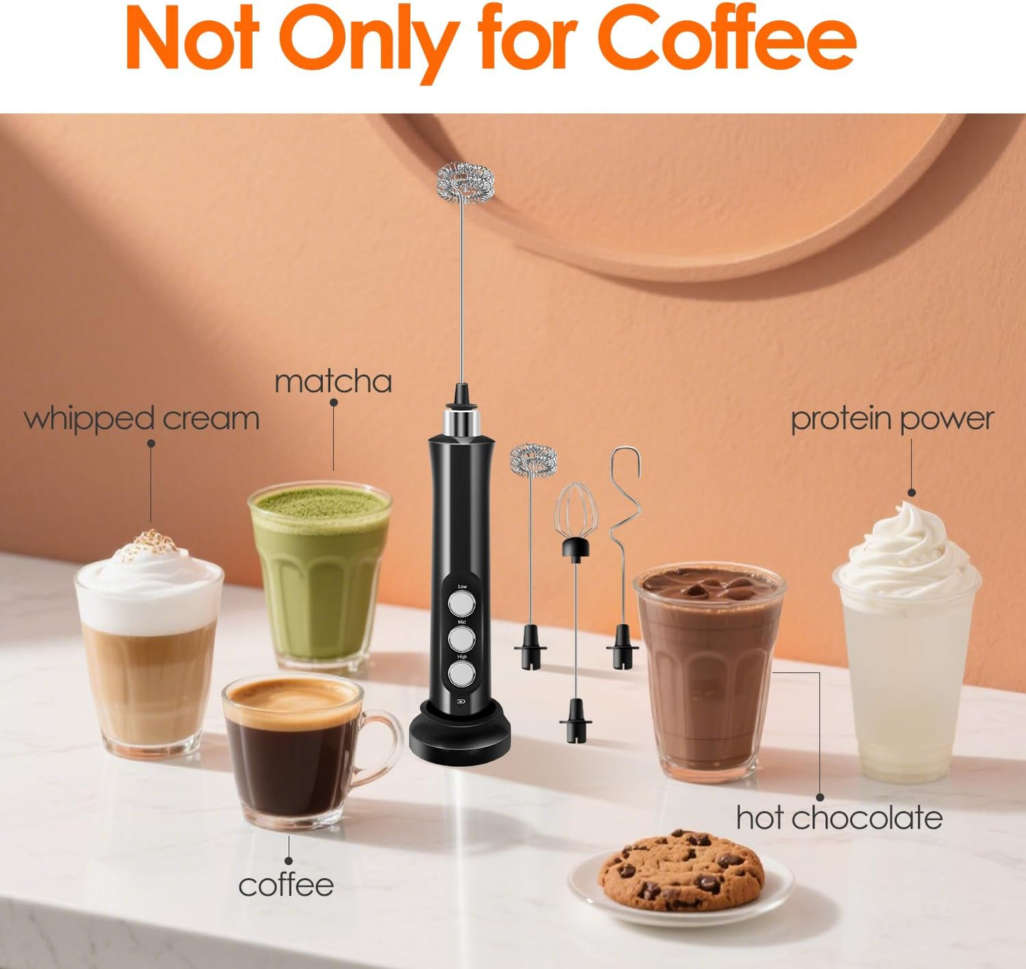 Rechargeable Milk Frother Handheld with 3 Detachable Stainless Steel Whisks, 3 Speed Adjustable Electric Whisk Foam Maker, Handheld Drink Mixer, Frother Wand for Coffee, with Storage and Charging Base