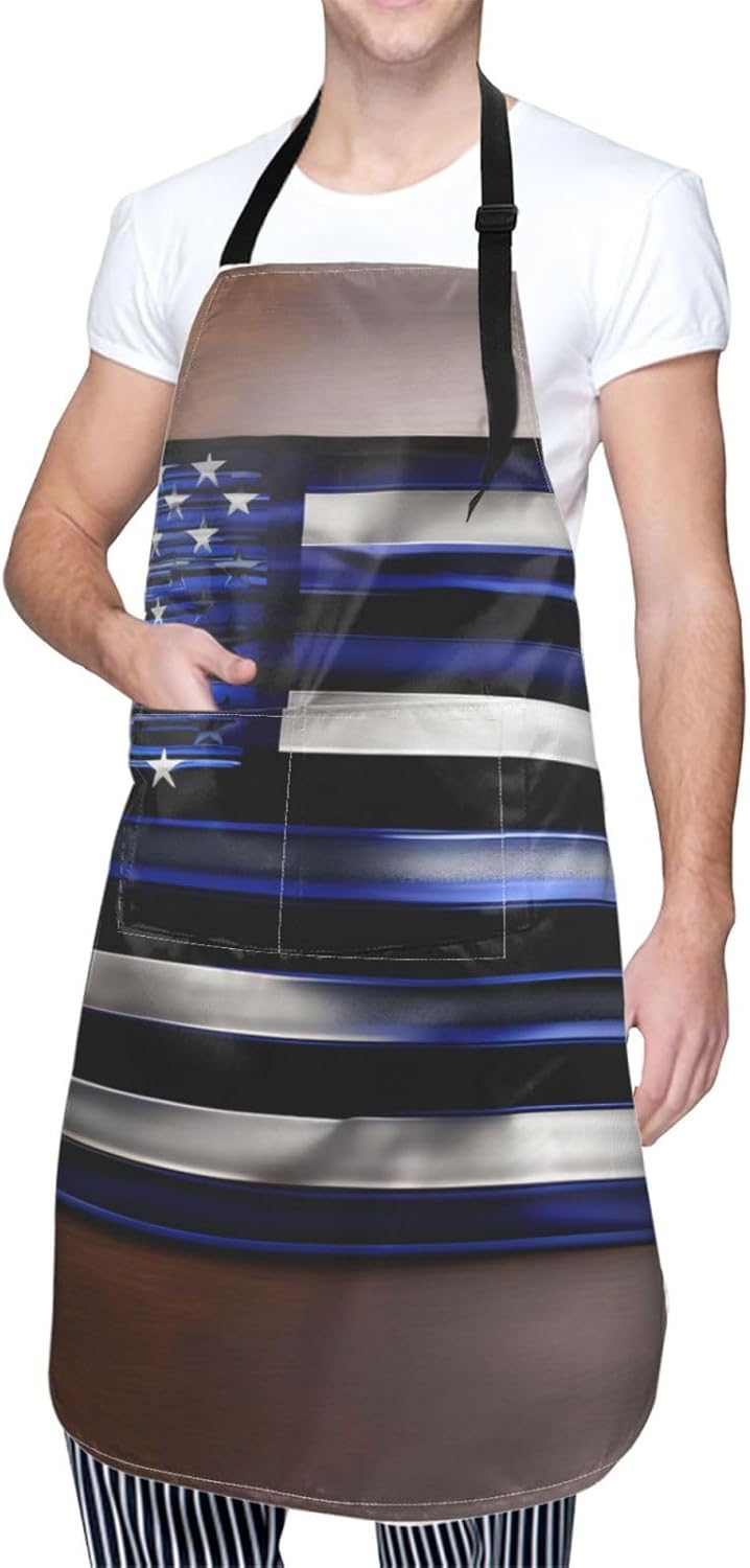 American Thin Blue Line Flag Print Laundry apron 28x33 In Waterproof Kitchen Apron with Pockets for Cooking Baking