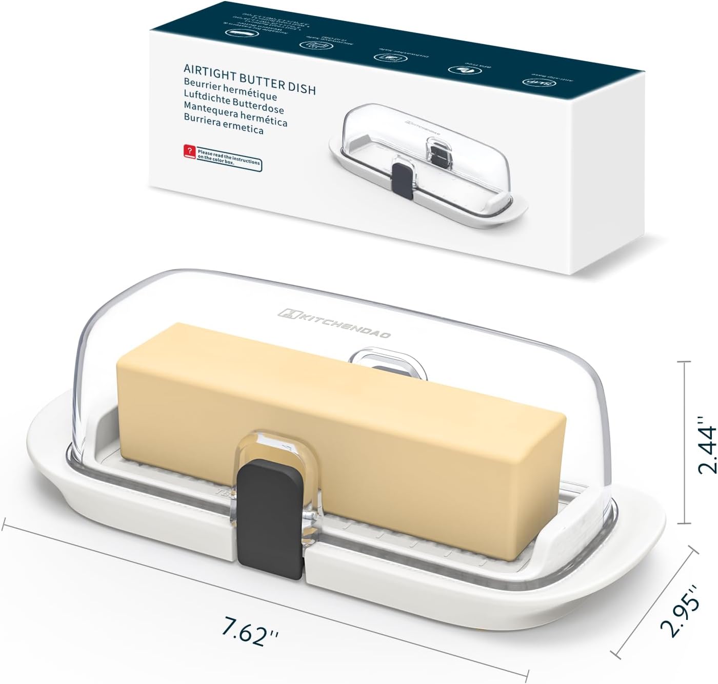 KITCHENDAO One-handed Airtight Butter Dish with Lid for Countertop and Refrigerator Door Shelf, Butter Holder with One Press to Open/Close Secure Latching Buckle for West/East Coast Butter (White)