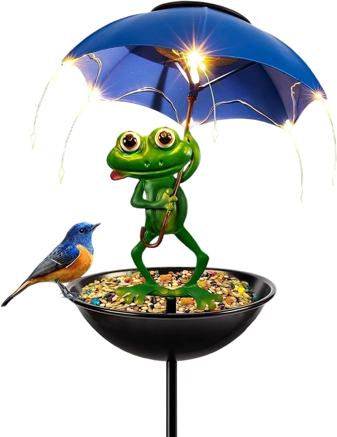 Decorative Solar Bird Feeder, Frog Design Stake Feeder, Outdoor Bird Feeders with Easy Install Feature, Garden Backyard Balcony Feeders for Patio Ground, Home Landscape Stake, Wildlife Accessory