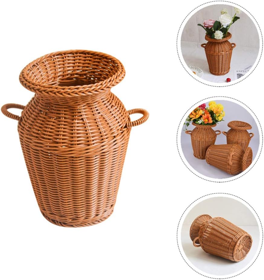Cabilock Light Brown Plastic Modern Vase, Handmade Rattan Cover, Farmhouse Decor, Multipurpose Floral Holder, Tabletop Decorative Pot, Gift Set for Women