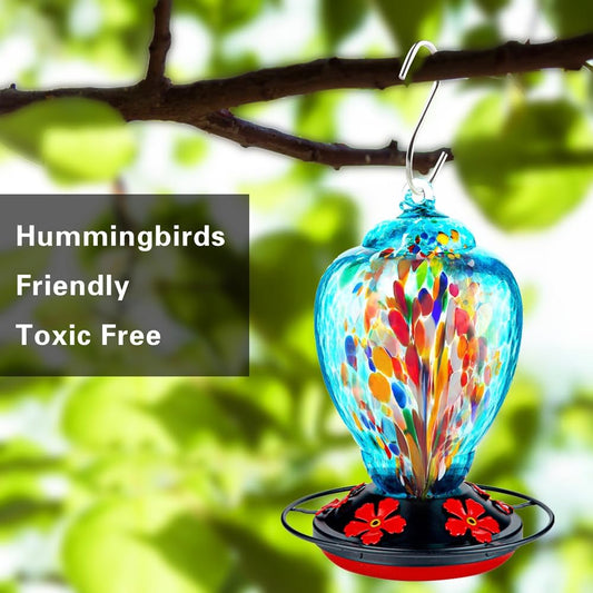 Glass Hummingbird Feeder for Outdoor Hanging 32 Ounces Large Hand Blown Patio Garden Decoration Hummingbird Feeder with Ant Moat Gift Idea for Women (Blue Fire)