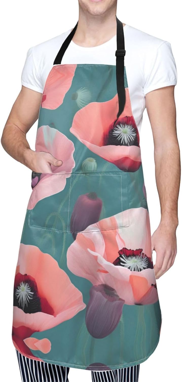 Pastel Poppies print Waterproof chef's apron with pocket apron for kitchen cooking baking barbecue and gardening