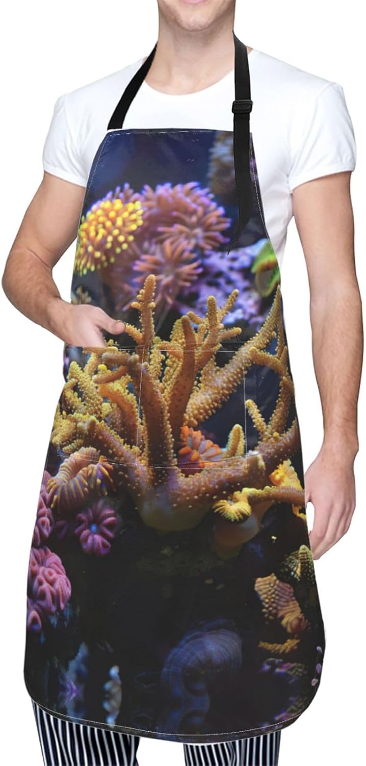 Coral Reef print Waterproof chef's apron with pocket apron for kitchen cooking baking barbecue and gardening