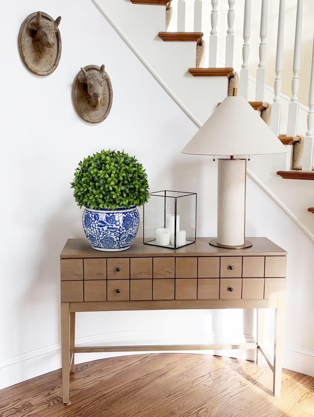DILATATA Artificial Topiary Boxwood Ball in Blue and White Ceramic Pot, 10 Inch Artificial Boxwood in Planters Decorative Fake Greenery for Table Centerpiece Indoor Plant Home Decor - Medium