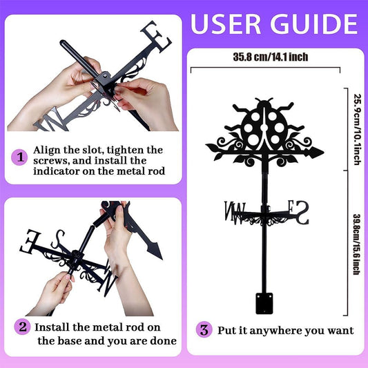 Ladybug Weathervane Metal Wind Vane Animal Ladybird Garden Art Decoration Direction Sign Indicator Stake Mount Ornament for Patio Lawn Farmhouse Yard Roof Outdoor