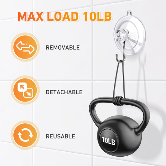 KORCCI Suction Cup Hooks 12Pack - Max Load 10LB, 1.77Inch Clear Medium Suction Cups, No Trace, Reusable & Removable, Stainless Steel Hooks, for Tile, Glass, Window, Shower, Kitchen, Bathroom