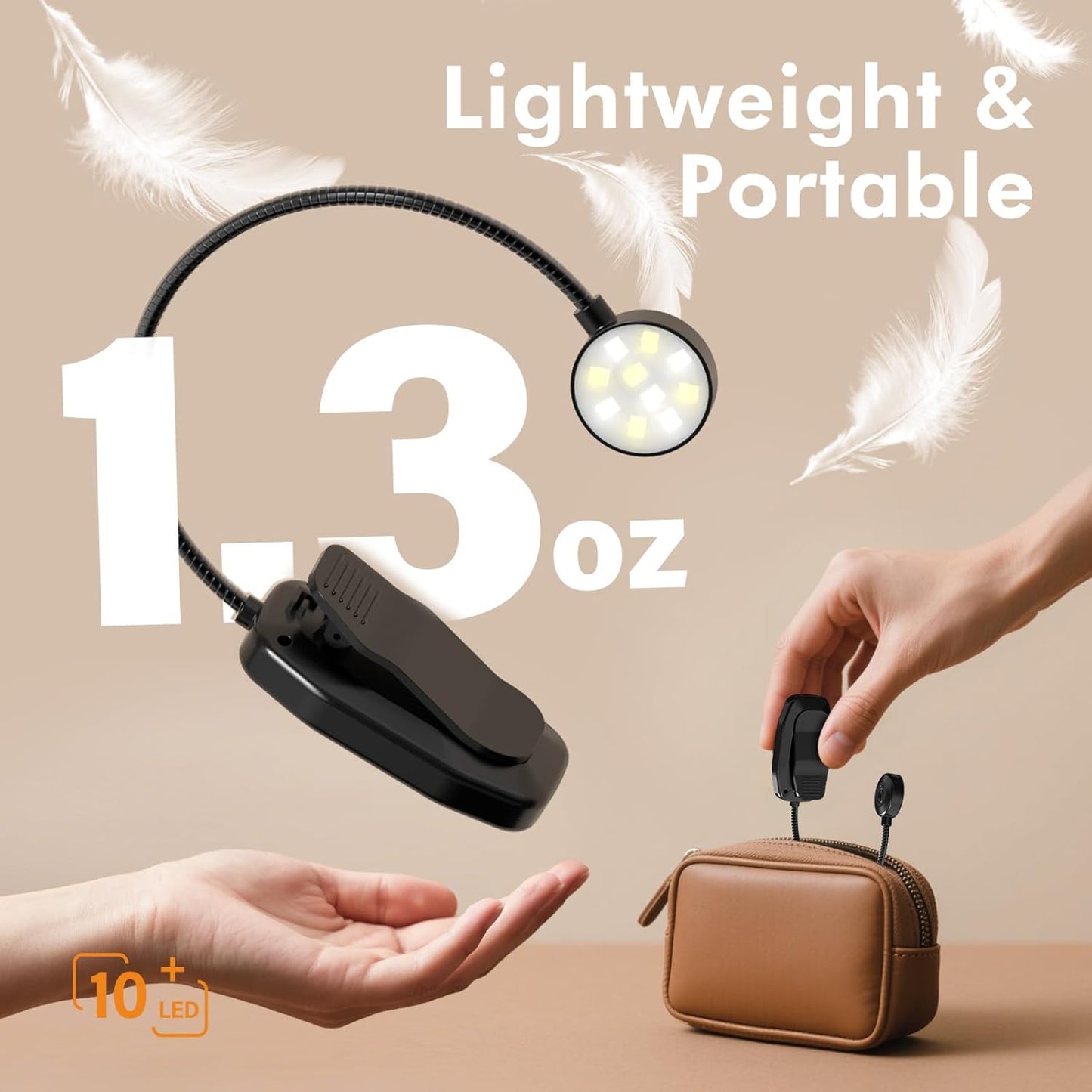 2 Pack 10 LED Rechargeable Book Light for Reading in Bed - Eye Caring 3 Color Temperatures, 3 Adjustable Brightness, Long Runtime Small Lightweight Clip On Book Reading Light for Studying