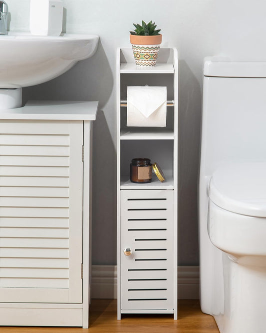 AOJEZOR Toilet Paper Holder Stand: No Drill PVC Small Bathroom Cabinet