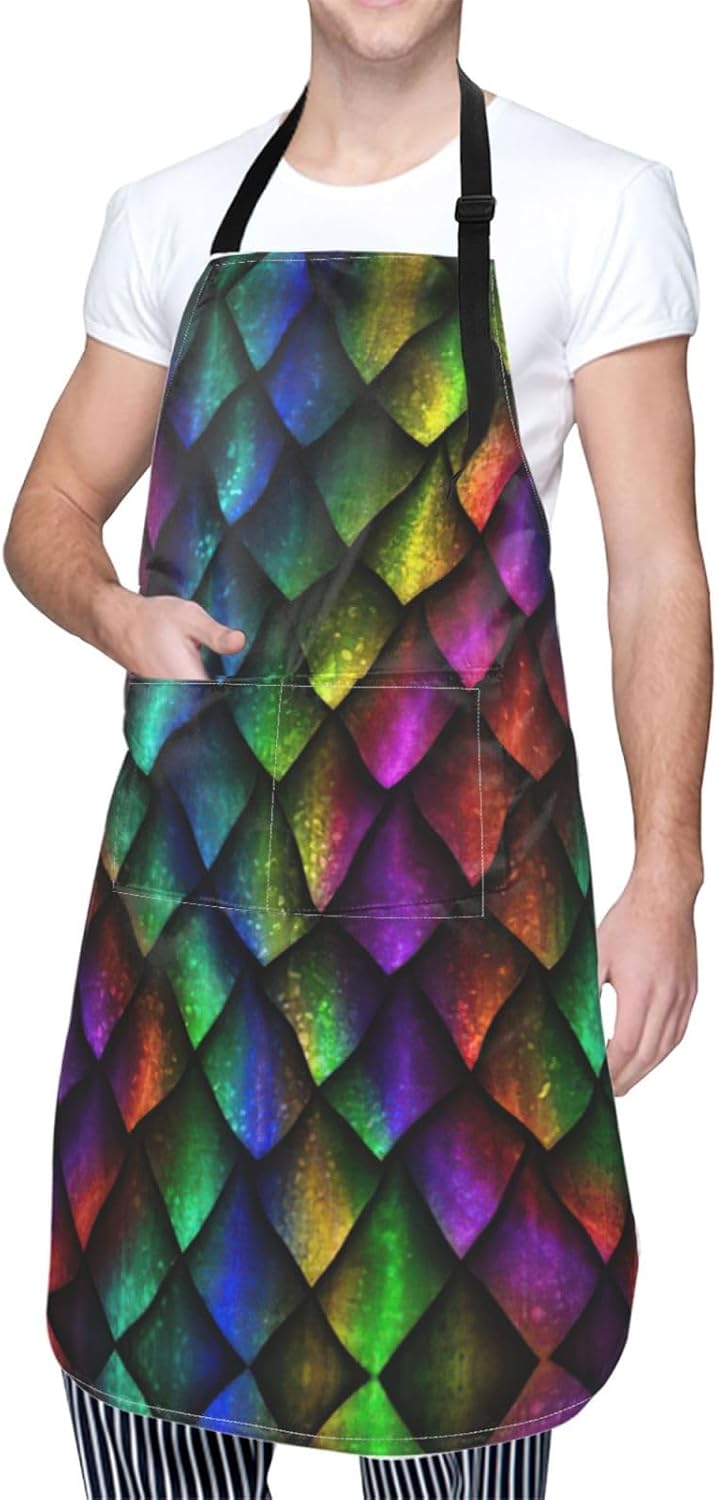 Dragon Scale print Waterproof apron with pocket adjustable cooking apr