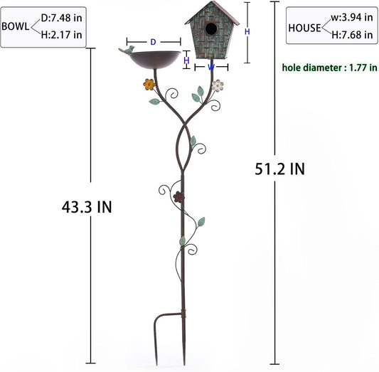 Bird Baths and BirdHouses with Pole, Distressed Metal Bird Bath Bowl and Birdhouse Stake for Outdoor Garden Yard Decoration (Bird Baths/BirdHouses-B)