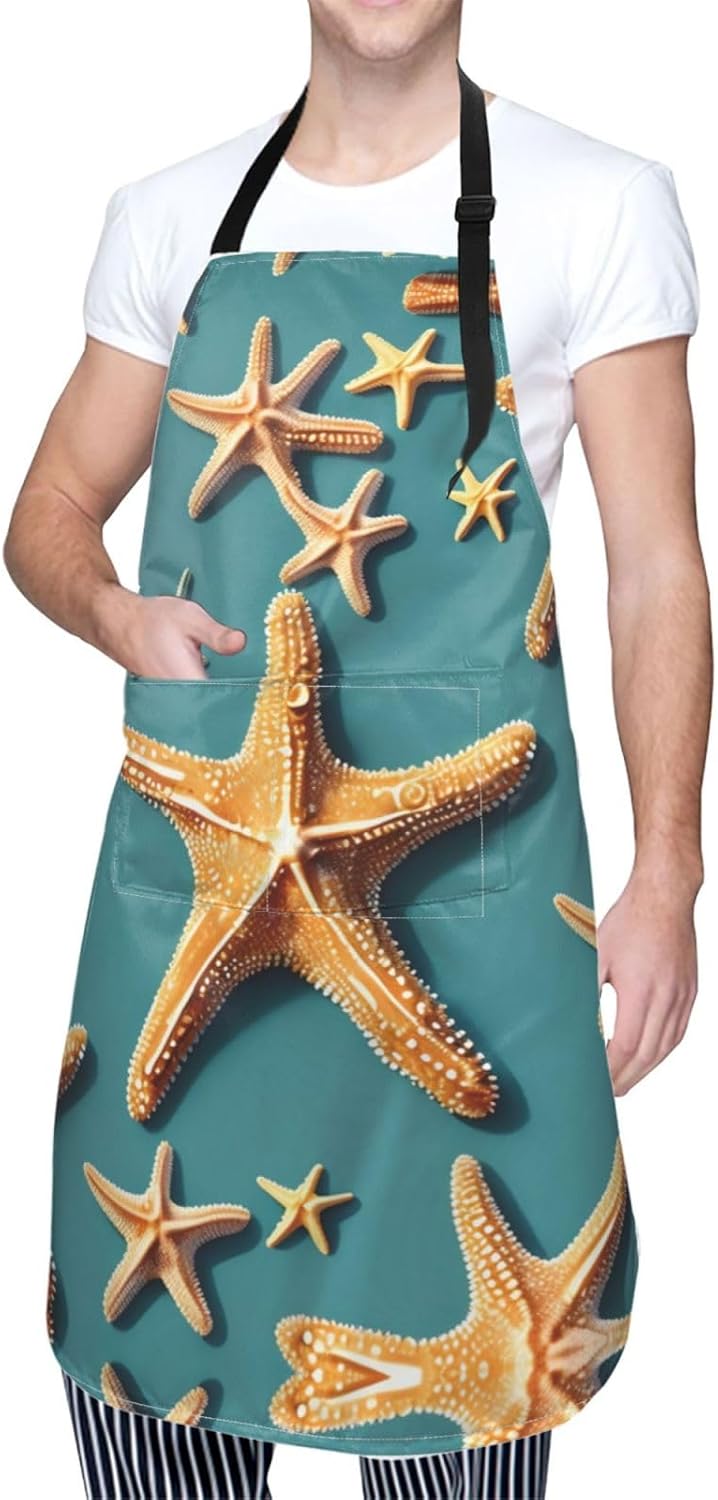 Beach Starfish Print Laundry apron 28x33 In Waterproof Kitchen Apron with Pockets for Cooking Baking