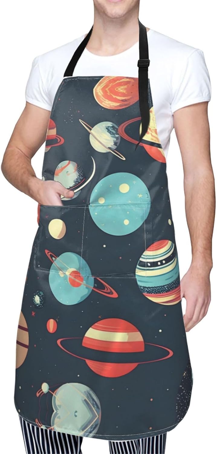 Outer Space Planet Print Laundry apron 28x33 In Waterproof Kitchen Apron with Pockets for Cooking Baking