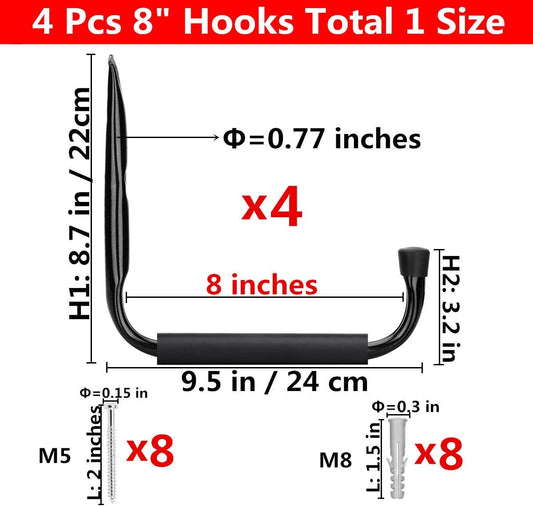 Garage and Garden Storage Utility Hooks Heavy Duty Jumbo Arm Hanger (Black,4 Pcs 8" Hook with EVA Protector)
