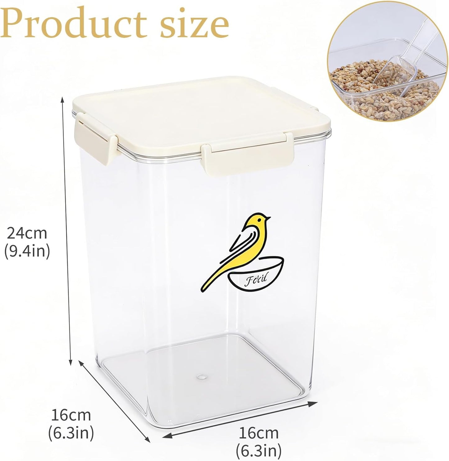 Bird Seed Storage Container,4.5L Pet Food Container with Four-Sided Snap Lock,Clear Plastic Wild Bird Seed Dispenser,Airtight Storing Sunflower Seed|BPA Free